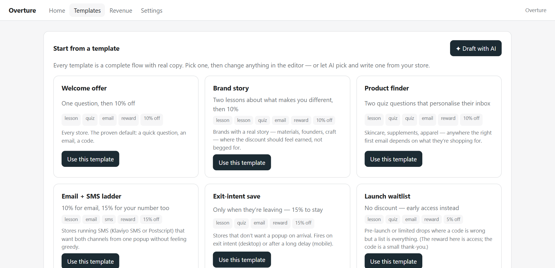 The Draft with AI button on the Overture home page, and the editor it opens with a drafted flow