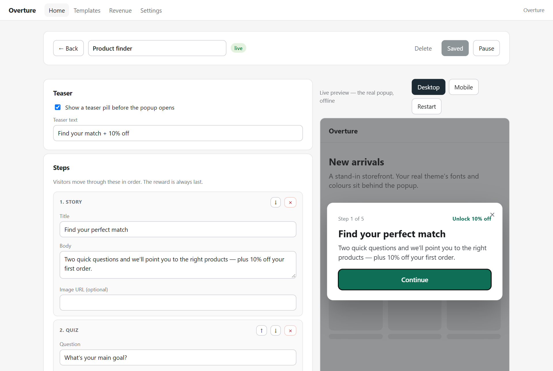 The Overture editor with the live preview of the drafted popup
