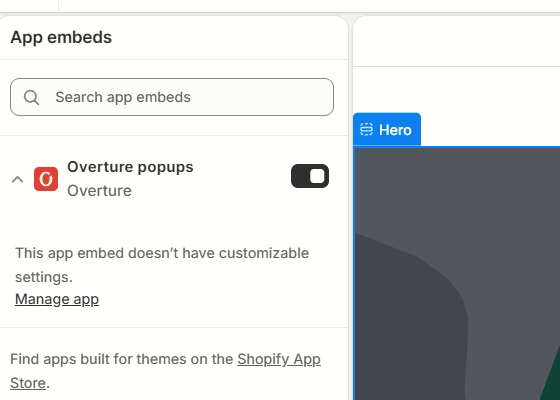 The App embeds panel in the theme editor with Overture popups switched on
